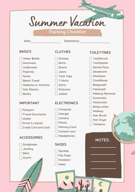 Creative Aesthetic Summer Vacation Packing Reminder Checklist Travel Checklist Printable, Vacation Packing Checklist, Trip Essentials Packing Lists, Summer Vacation Packing, Summer Packing Lists, Vacation List, Packing Essentials List, Travel Packing Checklist, Vacation Checklist