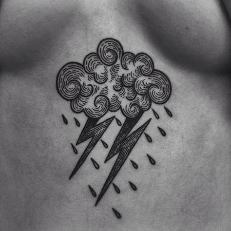 Storm Cloud Tattoo, Storm Tattoo, Lightning Tattoo, Engraving Tattoo, Cloud Tattoo, Tattoo Desings, Knee Tattoo, Black Ink Tattoos, Tattoo Stencils