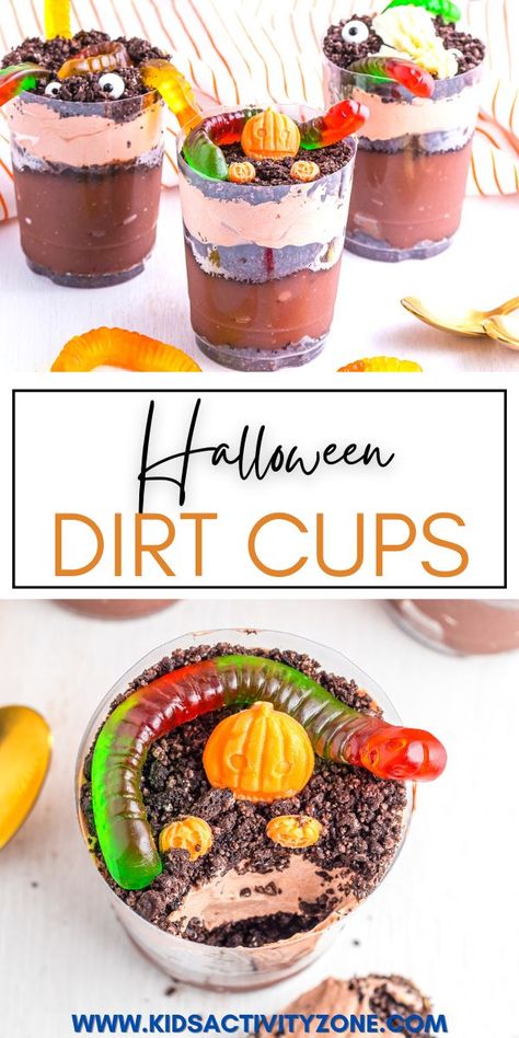 Turn quick and easy Dirt Cups into a fun Halloween treat for your Halloween parties! Instant Chocolate pudding, crushed Oreo "dirt" layered in a glass and topped with spooky candy eyes, chocolate pumpkins, ghost and skulls make these Halloween Dirt Cups cute and delicious! Halloween Dirt Cups, Halloween Dirt, Candy Corn Recipe, Crushed Oreo, Oreo Dirt, Dirt Cups, Candy Eyes, Spooky Candy, Homemade Pudding