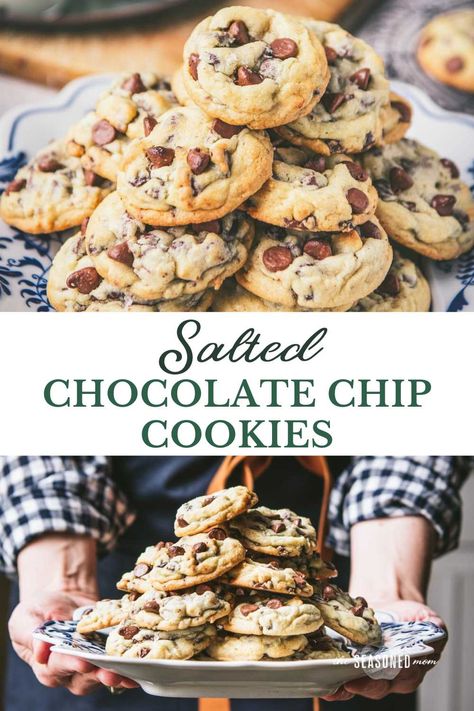 Soft and chewy with a hint of flaky sea salt to balance the sweetness, these easy salted chocolate chip cookies are the perfect dessert! Best of all, there's no need to chill the dough, so you can enjoy thick, warm, homemade chocolate chip cookies in less than 45 minutes. Salted Chocolate Chip Cookies Recipes, Salty Chocolate Chip Cookies, Best Choc Chip Cookies, Soft Chocolate Chip Cookies Recipe, Salty Cookies, Milk Chocolate Chip Cookies, Salted Chocolate Chip Cookies, Make Chocolate Chip Cookies, Homemade Chocolate Chips