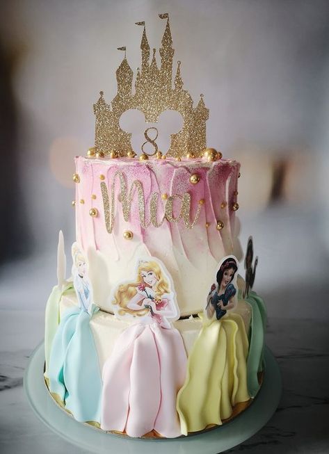 35 Fairytale Princess Cake Ideas That Are Just Magical - Pretty Sweet Princess Cake With Tiara, All Princess Cake, Disney Princess Fondant Cake, Princess Cakes Ideas Girl Birthday, Princess Disney Cake, Fairytale Birthday Cake, Easy Princess Cake, Disney Princess Cake Ideas, Disney Cake Ideas