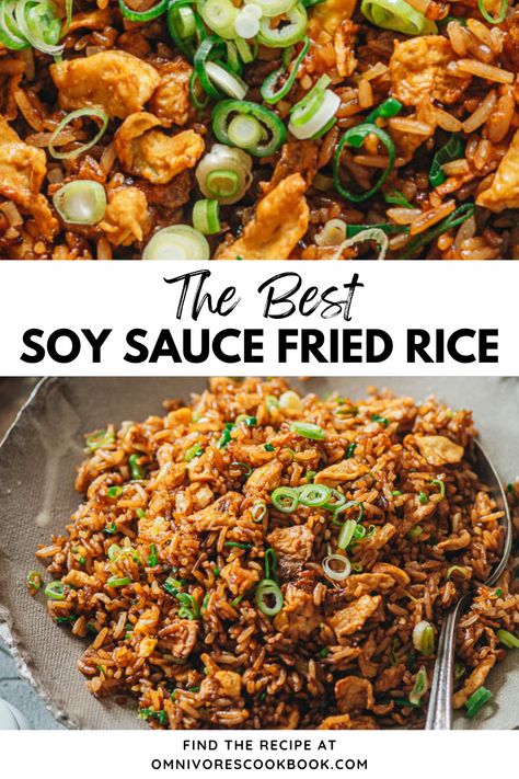 How to make Soy Sauce Fried Rice at home! This classic Chinese dish uses only a handful of simple ingredients and you can make in no time! Enjoy this fried rice recipe anytime of day. Perfect for a quick lunch or dinner or midnight snack! Easy Rice Stir Fry Recipes, How To Make The Best Fried Rice, Rice For Asian Dishes, Fried Rice With Soy Sauce, Asian Seasoned Rice, Traditional Fried Rice Recipe, No Veggie Fried Rice, Fried Rice Without Sesame Oil, Healthy Fried Rice Vegetarian