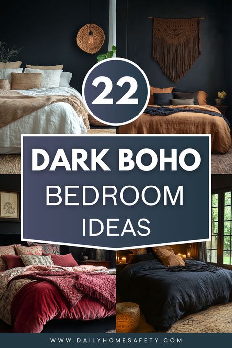 Discover 22 stunning dark boho bedroom inspirations for a moody and eclectic space. From rich textiles and layered patterns to vintage furniture and unique decorative accents, these bedrooms offer plenty of inspiration for creating a cozy and stylish sanctuary. Dark Boho Bedroom Ideas, Dark Boho Bedroom, Nursery Design Neutral, Dark Boho, Boho Bedroom Design, Black Bed Frame, Moody Bedroom, Boho Bedroom Ideas, Tranquil Retreat