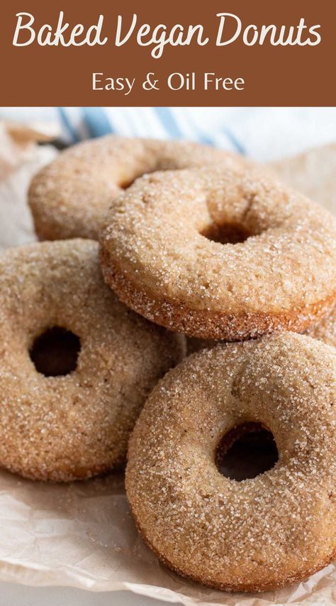 Soft, tender Oil Free Vegan Donuts are a perfect treat for breakfast or snack time! These are made in minutes with easy ingredients, and are a healthier option for all donut lovers! Plant Based Donut Recipe, Vegan Doughnuts Baked, Vegan Baked Donut Recipe, Oil Free Desserts, Vegan Donuts Baked, Wfpb Breakfast, Vegan Donut Recipe, Apple Cider Donuts Recipe, Clean Treats