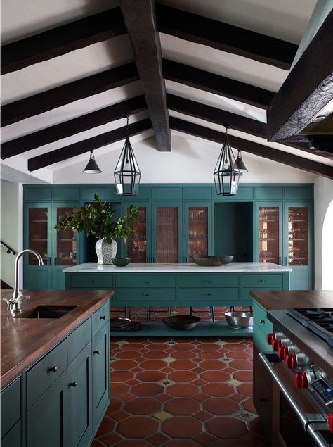 Terracotta and teal kitchen color palette. #kitcheninspo #kitchendesign #colorpalette #terracotta Basement Furniture, Teal Kitchen, Kitchen Design With Island, Ideas Hogar, Kitchen Paint, Colonial House, Cool Design, Kitchen Flooring, Design Firms