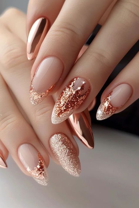 Pretty Nails For Wedding Guest, Rose Gold Almond Nails Sparkle, Simple Pink And Gold Nails, Gel Nail Designs For Wedding, Simple Wedding Guest Nails, Gold Gel Nail Designs, Rose Gold French Tip, Rose Gold Wedding Nails, Gold Gel Nails