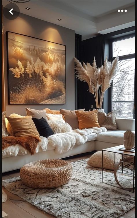 Brown And Gold Living Room Decor, Brown Living Room Ideas, Gold Living Room, Apartment Living Room Design, Future Apartment Decor, Flat Ideas, Brown Living Room, Living Room Decor Cozy, Apartment Decor Inspiration