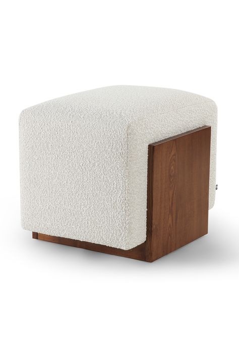 This luxurious midcentury revival has plush upholstery made of bouclé fabric in a sand color. Its solid wood base in classic brown color, which is cleverly proportioned, completes the opulent appearance. If you wish to bring an earthiness to a room, the Warwick stool is a must. W22 x D17 x H18 in | Weight 22lbs W56 x D44 x H46 cm | Weight 10kgs Upholstery | Bouclé white Base | Solid ash wood Puff Chair Living Rooms, Ottoman Stool Living Room, Poufs In Living Room, Pouffe Living Room, Stool Living Room, Fabric Sofa Design, Brown Stool, Puff Design, Bedroom Stools