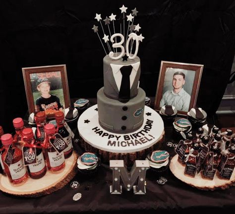 30th birthday cake table for him. Incorporated UF (University of Florida) Gators into a classy look for his cake. Cake and Favors on wood slices. Black, Gray and white themed. Fancy Birthday Cakes, Birthday Cake Quotes, 30th Birthday For Him, Birthday Cake Table, Cake Table Backdrop, 50th Birthday Men, 30th Birthday Men, 30th Birthday Cake, 50th Birthday Quotes