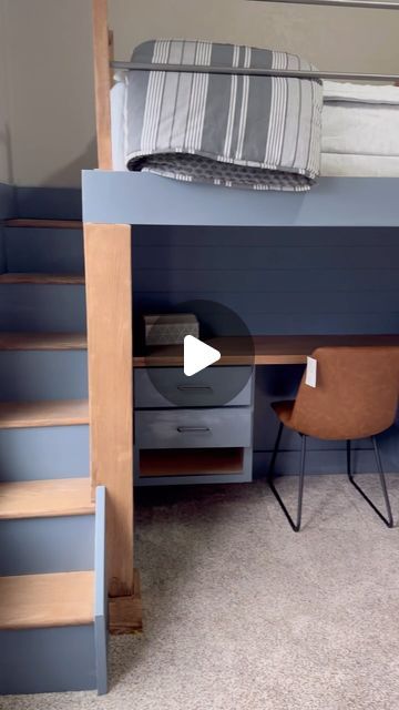 Mid Loft Bed, Secret Room Under Bed Ideas, Loft Bed Stairs With Drawers, Loft Bed Stairs Ideas, Diy Stairs For Loft Bed, How To Make Loft Bed, Built In Loft Bed With Stairs, Loft Bed With Desk Underneath Diy, Corner Loft Beds Diy