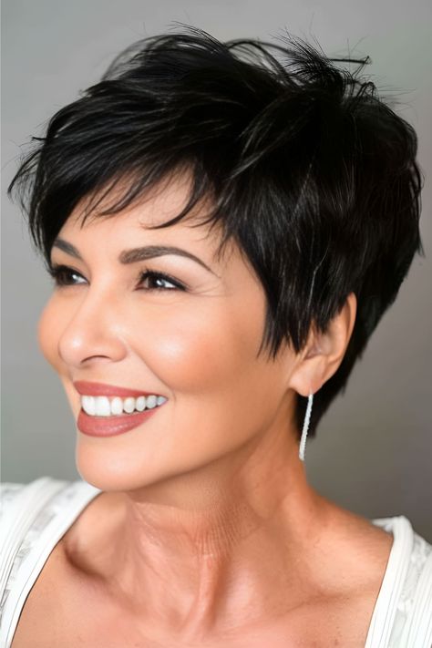 Feathered Tousled Pixie Haircut for Women Over 60. Kris Jenner Haircut Short Hair, Shoe Hairstyles, Pixie Hair Round Face, Medium Length Pixie Haircut, Short Cuts For Thick Hair, Sassy Pixie Haircut, Pixie Haircut Hairstyles, Short Pixie Cut With Bangs, Short Sassy Hairstyles