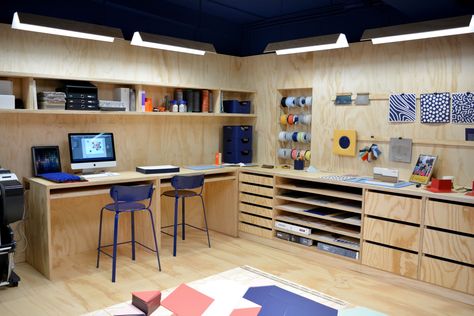 Plywood Workspace, Brick Pavilion, Design Studio Workspace, Plywood Interior, Studio Build, Studio Workshop, Woodworking Shop Projects, Long Board, Garage Office