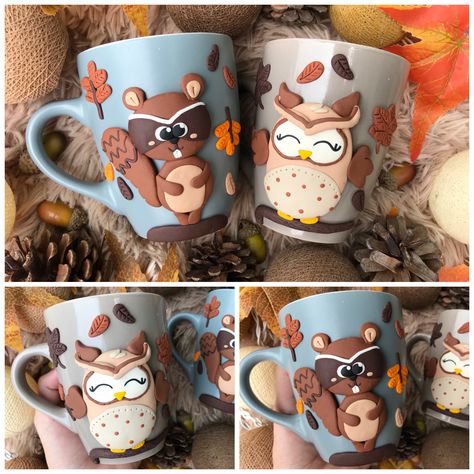 Clay Crafts Kawaii, Polymer Clay Mugs, Polymer Clay Cup, Polymer Clay Mug, Polymer Clay Disney, Nature Mug, Autumn Mug, Fall Nature, Polymer Clay Gifts