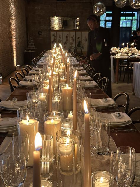 Tapered And Pillar Candles Wedding, Taper Candles Tablescape, Candle Taper Centerpieces, Wedding Reception Candle Decor, Candle Home Aesthetic, Candle Table Wedding Decor, Lights And Candles Wedding Decor, Mix Of Candles Wedding, Wedding Table Long Candles