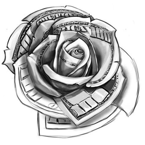 Money Rose Tattoo, Tato Mandala, Dollar Tattoo, Rose Tattoo Stencil, Tato Flash, Rose Drawing Tattoo, Money Rose, Gangsta Tattoos, Money Tattoo