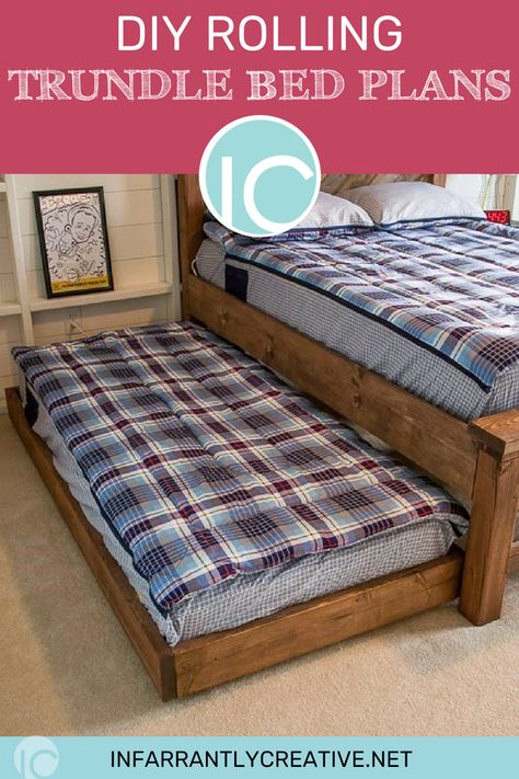 The other day I shared with you the plan for the Full-Size Farmhouse Pallet Bed for my son’s room.  One of the things that was very important to my son was that there be room for his buddies to spend the night.  My extroverted son would have a friend spend the night every day of … Trundle Beds Diy, Ikea Leirvik, Trundle Bed Plans, Diy Bed Frame Easy, Trundle Bed Frame, Murphy Bed Ikea, Craft Table Diy, Modern Murphy Beds, Murphy Bed Diy