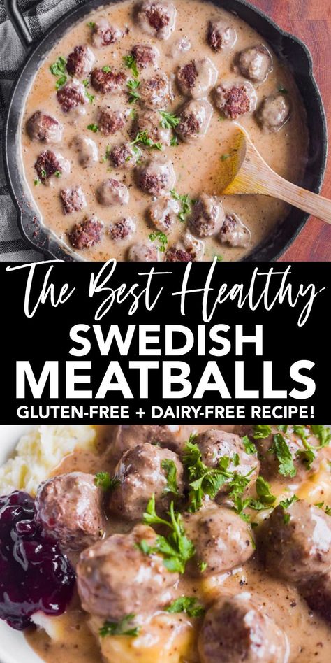 These Swedish meatballs are made with extra lean ground beef and a gravy sauce that’s full of flavor. This recipe is gluten-free, dairy-free, paleo and keto friendly! If you love traditional Swedish meatballs but can’t eat them due to dietary restrictions (like myself) then you’ll definitely want to try this recipe! Healthy Meat Ball Recipes Ground Beef, Ground Beef Recipe Dairy Free, Swedish Meatball Recipe Gluten Free, Dairy Free Swedish Meatballs Crockpot, Meatball Recipes Gluten Free Dairy Free, Gluten Free Pork Meatballs, Whole30 Meatballs Beef, Gf Df Meatballs, Dairy Free Meatball Sauce