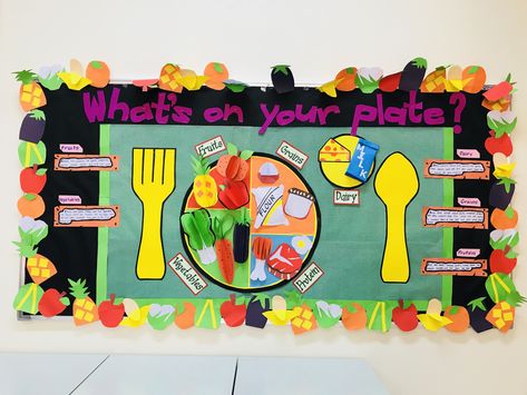 Food Pyramid Bulletin Board, National Nutrition Week Activities, Healthy And Junk Food Bulletin Board, Nutrition Board Ideas, Food Theme Board Ideas For Preschool, Nutrition Bulletin Board Ideas, Healthy Bulletin Board Ideas, National Nutrition Month Ideas, Vegetable Bulletin Board