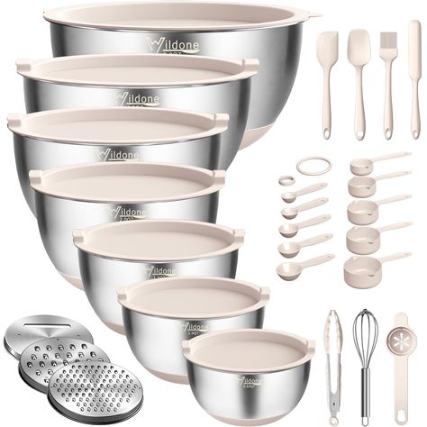 PRICES MAY VARY. 🍒【Comprehensive Mixing Bowls Set】Wildone mixing bowls set contains 7 piece Stainless Steel Mixing Bowls (5, 4, 3, 2, 1.5, 1, 0.63QT), making it simple to find the right bowl for any kitchen task or food storage need. With 3 grater attachments, 5 measuring cups and 5 measuring spoons, basting brush, spatula set,egg whisk, egg separator and tongs, the nested bowls are great for mixing, tossing, prepping, serving food all in one tool! 🍒【Durable and High Quality】This mixing bowls Stainless Steel Mixing Bowls, Spatula Set, Metal Bowl, Mixing Bowls Set, Nesting Bowls, Mixing Bowls, Kitchen Stuff, Kitchen Tools And Gadgets, Measuring Cups