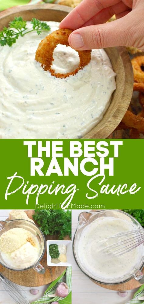 The great flavors of Parmesan cheese and ranch dressing come together for one amazing dip and spread! Perfect for fries, onion rings, chicken tenders & wings and more, this Ranch Dipping Sauce will be your new favorite condiment to put on everything! || Delightful E Made Ranch Dipping Sauce For Fries, Gluten Free Ranch Dip, Ranch Dip For Wings, Bread Dipping Sauce Recipes, Ranch For Wings, Chicken Wing Dipping Sauce Recipes, Homemade Dipping Sauce For Chicken, Taquitos Dipping Sauce, Chicken Dipping Sauce Recipes