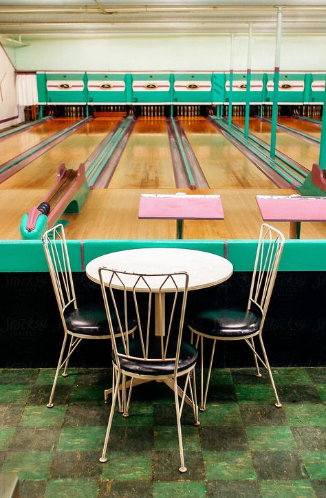 Vintage Candlepin Bowling Alley | Stocksy United by Raymond Forbes Photography #stockphoto #stockphotography #candlepin #bowling #bowlingball #vintage #chair #vintagechair #table  #bowlingalley Candlepin Bowling, Home Bowling Alley, Wall Art Neon, Los Angeles Wall Art, Art Neon Sign, Bowling Center, Neon Sign Art, Mid Century Wall Art, Bowling Alley