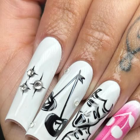 Zamora Nailz🎀 on Instagram: "Smile now Cry Later🎭🖤  -  -  -  -  #nails #661nailtech #bakersfieldnails #661nails #nailsnailsnails #nailart #naildesign #acrylicnails #explorepage #explorenails #nailinspo #whitenails #squarenails #handdrawnart #airbrushnails #smilenowcrylater #cherrynails #blacknails #blackandwhitenails #starnails #2000snails #baddienails #redcherrynails #xlnails" Laugh Now Cry Later Nails, Smile Now Cry Later Nails, 777 Nails, Smile Now Cry Later, Laugh Now Cry Later, Fye Nails, Nagel Design, Airbrush Nails, Girly Acrylic