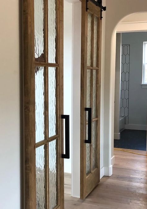 French Barn Door Pantry, Barn Door With Frosted Glass Panels, Double Barn Doors Living Room, Industrial Farmhouse Interior Doors, Glass Panel Barn Door, Barn French Doors, Flemish Glass Door, Sliding Barn Door Laundry Room, French Barn Door