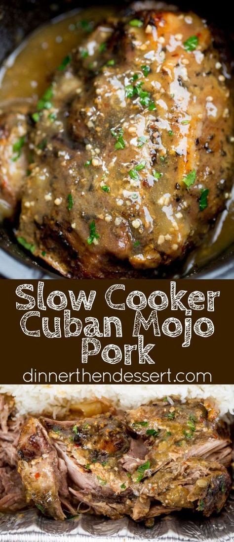 Slow Cooker Cuban Mojo Pork made with citrus, garlic, oregano and cumin takes almost no prep time and makes a fantastic, flavorful meal your family will love any night of the week! Cuban Mojo Pork, Cuban Mojo, Mojo Pork, Daging Babi, Vegetarian Soup Recipes, Pork Dinner, Crockpot Pork, Soup Recipes Slow Cooker, Cuban Recipes