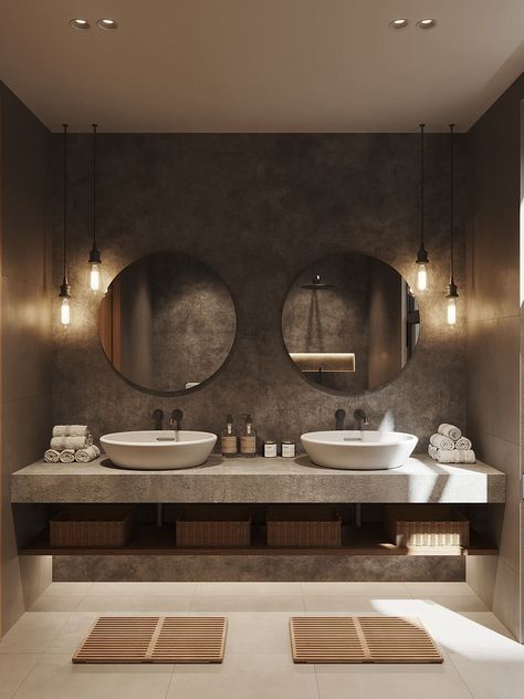 Brutalist Bathroom Design, Two Sink Bathroom Ideas, Double Vanity Lighting Ideas, Brutalist Bathroom, Bathroom Tiles Ideas, Bathroom Lights Over Mirror, Lavabo Design, Modern Bathroom Mirrors, Modern Bathroom Tile