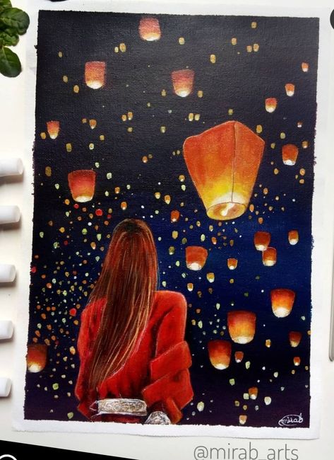 Sabar Painting, Sky Lanterns Painting, Sky Lantern Drawing, Diwali Painting, Canvas For Beginners, Small Canvas Paintings, Photographie Portrait Inspiration, Beautiful Art Paintings, Easy Canvas Painting