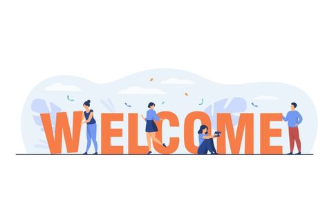 Happy tiny people near huge welcome word... | Free Vector #Freepik #freevector #people #woman #green #man Welcome Illustration, Cool Card Tricks, Welcome Logo, Welcome Words, Marker Icon, Welcome New Members, Girl Reading Book, Welcome To The Team, School Illustration