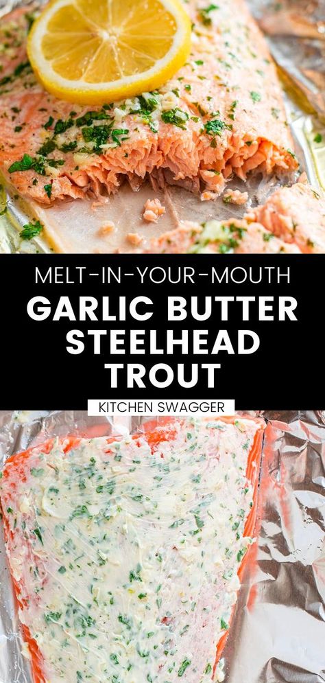 Discover a mouth-watering steelhead trout recipe that is perfect for any occasion! Our Garlic Butter Steelhead Trout in Foil Recipe is full of fresh herbs, buttery goodness, zesty lemon, and garlic that will tantalize your taste buds. Prepare it in just a few minutes and cook in foil to lock in all the flavors and aromas. Grilled Steelhead Trout Recipe, Steelhead Recipes, Steelhead Trout Recipe Baked, Steelhead Trout Recipe, Trout Fillet Recipes, Baked Trout, Grilled Trout, Trout Recipe, Cooking Trout