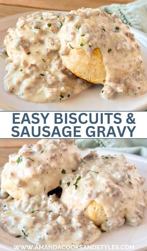 Biscuits and Gravy - Super easy biscuits and gravy recipe made with easy oven baked biscuits and a simple homemade sausage gravy. These are the ultimate breakfast comfort food! Best Sausage Gravy Recipe, Breakfast Pizza Crescent Roll, Easy Biscuits And Gravy, Biscuits And Sausage Gravy, Country Biscuits, Biscuits And Sausage, Homemade Gravy For Biscuits, Homemade Sausage Gravy, Baked Biscuits