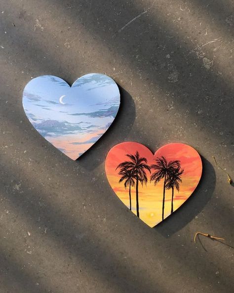 Heart Sunset Painting, Heart Shaped Canvas Painting Ideas, Magnet Drawing, Paintings Ideas, Heart Canvas, Heart Drawing, Sunset Painting, Mini Canvas Art, Mini Paintings