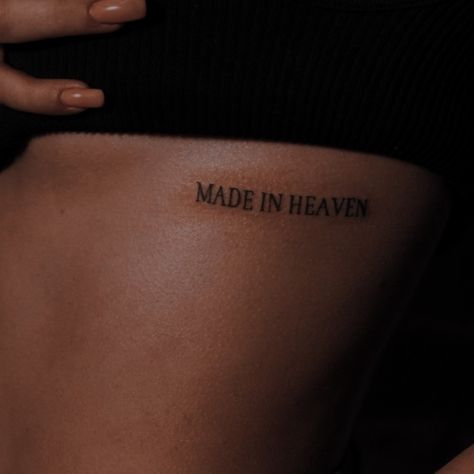 Under Buttcheek Tattoo Women Words, Breast Tatoos Ideas, Gods Favourite Tattoo, Underboob Tattoos Words, Breast Tattoos For Women, Tattoos For Lost Loved Ones, Made In Heaven Tattoo, Tattoos Underboob, Fire Tattoos