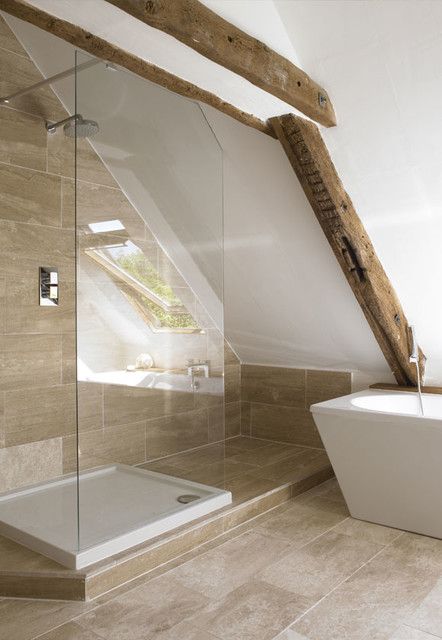 Attic Bathrooms, Small Attic Bathroom, Loft Bathroom, Attic Bathroom, Cottage Bathroom, Single Handle Bathroom Faucet, Attic Rooms, Contemporary Bathrooms, Stylish Bathroom