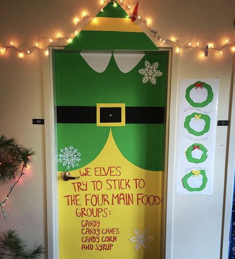 #elf #buddytheelf #christmas #decoration #holiday Elf School Door Decorations, Elf Office Door, Elf Theme Christmas Decorations, Elf Christmas Door Decorating Contest, Elf The Movie Door Decorations, Buddy The Elf Themed Christmas Classroom Decor, Elf School Decorations, Elves Door Decoration, Buddy The Elf Craft