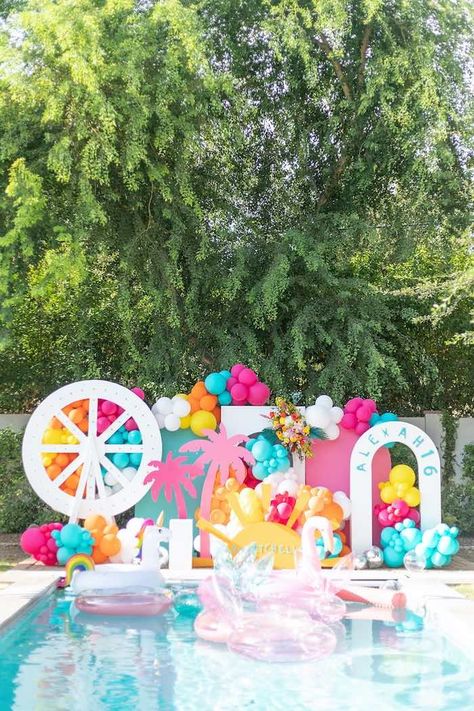 Kara's Party Ideas Festival Coachella Sweet 16 | Kara's Party Ideas Coachella Party Theme, Coachella Party Ideas, Coachella Pool Party, Coachella Theme Party, Coachella Theme, Coachella Birthday, Festival Themed Party, Colorful Festival, Coachella Party