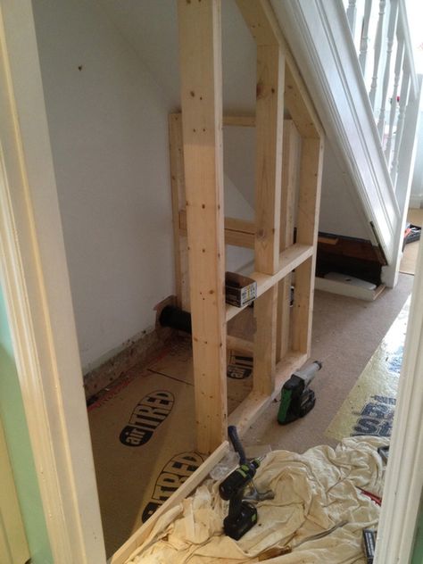 Studwork For Downstairs Cloakroom With Bathroom Installation In Leeds Understairs Toilet, Stairs Bathroom, Room Under Stairs, Small Downstairs Toilet, Cloakroom Toilet, Bathroom Under Stairs, Downstairs Cloakroom, Small Toilet Room, Under Stairs Cupboard