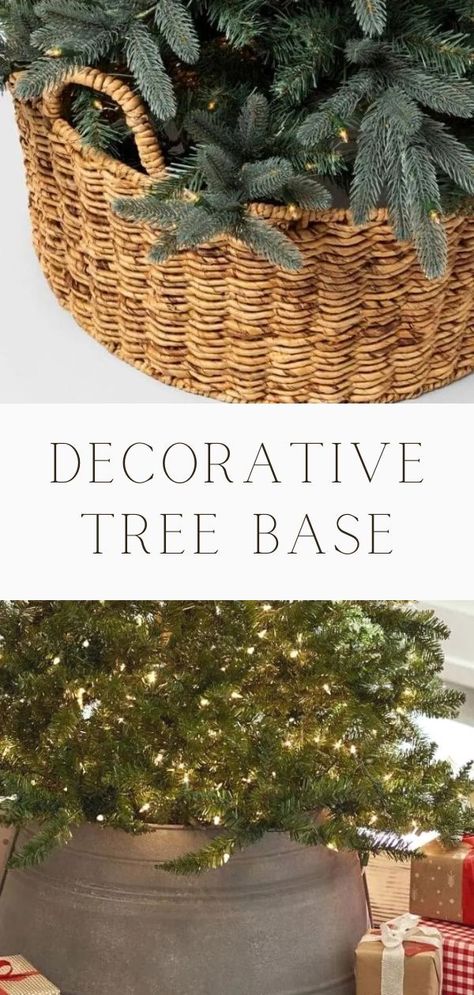 After doing some research we have pulled together the best Christmas tree base ideas. When you set up your Christmas tree, you'll want the right base and we've got the perfect one for this holiday season. These popular DIY farmhouse base covers include wooden, rustic, basket, galvanized and more. Decoration ideas to hide your tree bottom. They are easy to use and work for artificial fake or real trees. #lifeonsummerhill #christmastree #christmasdecorating Christmas Tree Pots Planters, Christmas Trees In Containers, Small Christmas Tree Base, Christmas Tree Natural Rustic, Faux Christmas Tree In Planter, Christmas Tree Stand Cover Ideas, Planter For Christmas Tree, Under The Christmas Tree Ideas, Christmas Tree Collar Filler Ideas