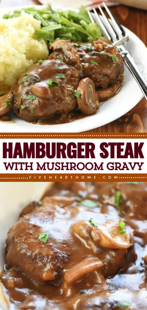 Hamburger Steak with Mushroom Gravy is a classic, comforting, quick and easy dinner recipe of mini ground beef patties in a rich, savory, gravy loaded with fresh mushrooms! Hamburger Steaks With Mushroom Gravy, Hamburger Steak With Mushroom Gravy, Steak With Mushroom Gravy, Ground Beef Patties, Perfect Hamburger, Hamburger Steak Recipes, Brown Gravy Recipe, Hamburger Steak And Gravy, Hamburger Recipes Patty