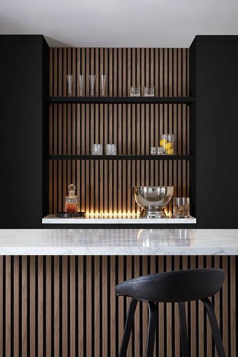 Modern Bar House Design, Shelves On Panel Wall, Dark And Moody Bar Design, White Oak With Black Counter, Black Bar Backsplash, Basement Serving Counter, Bar Area Backsplash, Under Counter Wall Ideas, Kitchen With Black Ceiling