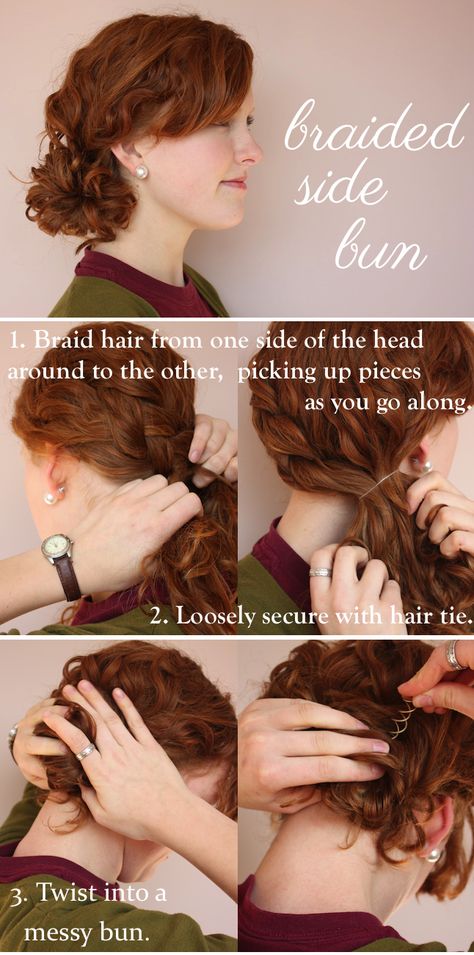 Due to lots of lovely feedback on my last hair tutorial, I knew another one  was in order! Lately I've been pretending that it's summer (can't wait for  some warmer weather!). To prepare for when it actually hits, here is one  pretty updo that is perfectly easy for those days that it's just too hot to  wear your hair down.  This look works perfectly for those with naturally curly or textured hair,  although for those of us with finer hair there are products like Bumble and  Bumble's surf spr... Braided Side Bun, Side Braid With Bun, Braided Side, Wavy Hair Care, Curly Bun Hairstyles, Side Bun, Side Hairstyles, Short Curly Hair, Ponytail Hairstyles