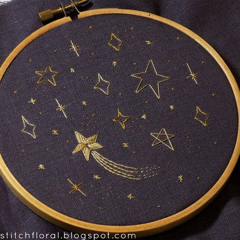 Crewneck Embroidery Ideas Diy, How To Embroider Stars Easy, Moon Stars Embroidery, Hand Embroidered Stars, Black Cloth Embroidery, Embroidered Moon And Stars, Embroidering Stars, Celestial Embroidery Pattern, Shooting Star Embroidery