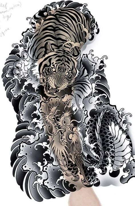 Tattoo Sleeve Dragon, Hannya Maske Tattoo, Yakuza Style Tattoo, Dragon Tiger Tattoo, Tigre Y Dragon, Japanese Tiger Tattoo, Tiger Tattoo Sleeve, Tattoo Japanese Style, Dragon Sleeve