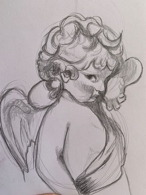 Drawing, pencil drawing study, sketch, angel, cupid Cupid Sketch, Cupid Drawing, Art Igcse, Angel Sketch, Curly Hair Drawing, Best Umbrella, Drawing Studies, Good Art, Brown Aesthetic