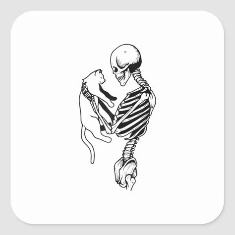 Skeleton And Cat Art, Goofy Skeleton Tattoo, Skeleton With Cat Tattoo, Skeleton Holding Cat Tattoo, Libra Cat Tattoo, Skeleton And Cat Tattoo, Cat Holding Knife Tattoo, Funny Skeleton Drawing, Skeleton Torso Tattoo