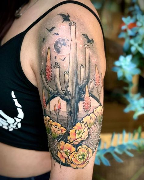 Color Fade To Black And White Tattoo, Black And Grey Tattoos With Color, Black And White Tattoo With Pop Of Color, Cactus Flower Tattoo, Az Tattoo, Friend Tats, Plant Tattoos, Black And White Tattoo, V Tattoo