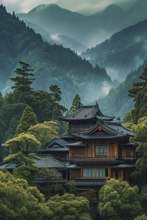 Traditional Japanese house nestled in the lush greenery of a mist-covered mountain, exemplifying the beauty and serenity of Asian architecture in harmony with nature. Japanese Mountain House, Chinese Architecture Traditional, Chinese Mansion, Good Phone Backgrounds, Japan Traditional House, Chinese Background, Japanese Mountains, Asian Landscape, Ikan Koi