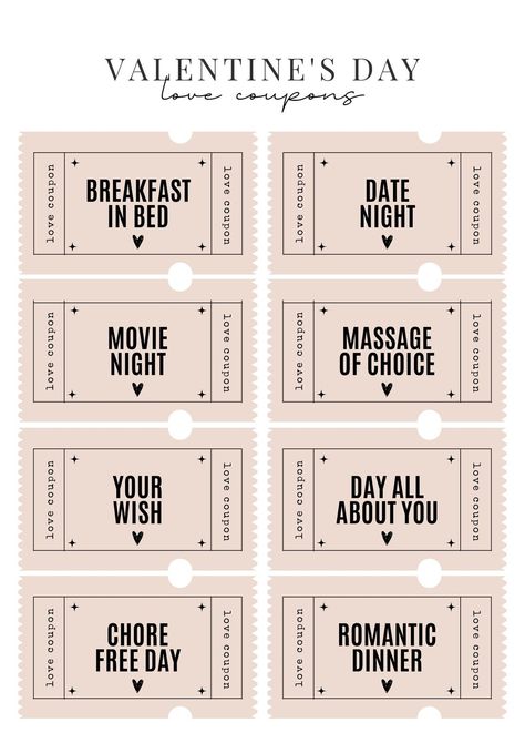 Coupons D'amour, Love Coupons For Him, Valentine Wall Art, Coupons For Boyfriend, Presente Diy, Movie Ticket, Couples Coupons, Cute Date Ideas, Valentines Coupons